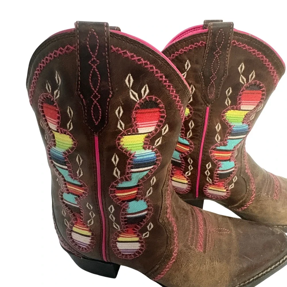 Ariat Desert Diva Kids Cowboy Boots Girl Sz 2 Brown Cactus Inset Pink Stitching - Picture 4 of 9